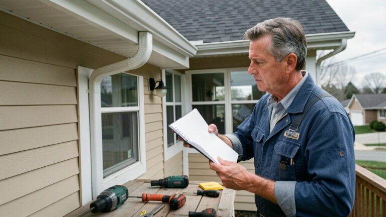 Un homme inspecte la toiture et la gouttière d’une maison avec un carnet d’entretien vierge et des outils de bricolage.