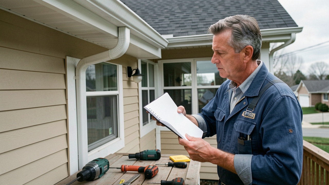 Un homme inspecte la toiture et la gouttière d’une maison avec un carnet d’entretien vierge et des outils de bricolage.