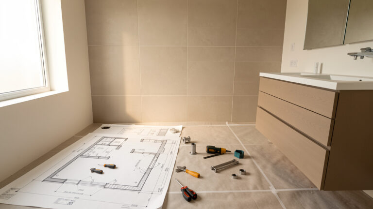 Salle de bains moderne en rénovation avec plans vierges, outils, carreaux et meubles contemporains disposés sur le sol.
