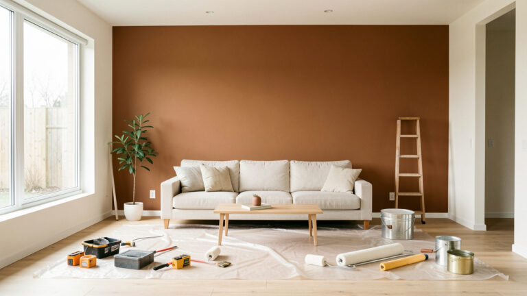 Salon lumineux en rénovation légère avec un mur d’accent, des outils de bricolage soigneusement disposés et une décoration moderne.