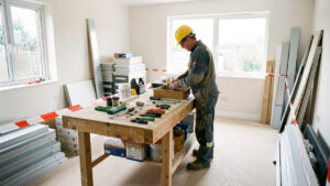 Chantier de rénovation domestique bien organisé, avec un artisan équipé, une zone balisée, des outils rangés et une lumière naturelle abondante.