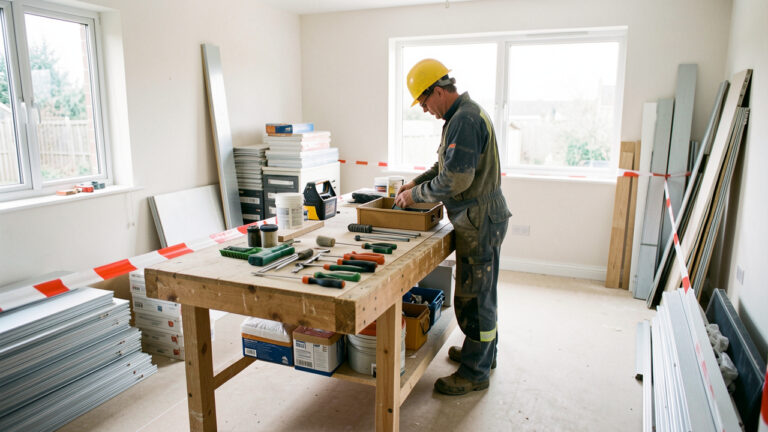 Chantier de rénovation domestique bien organisé, avec un artisan équipé, une zone balisée, des outils rangés et une lumière naturelle abondante.