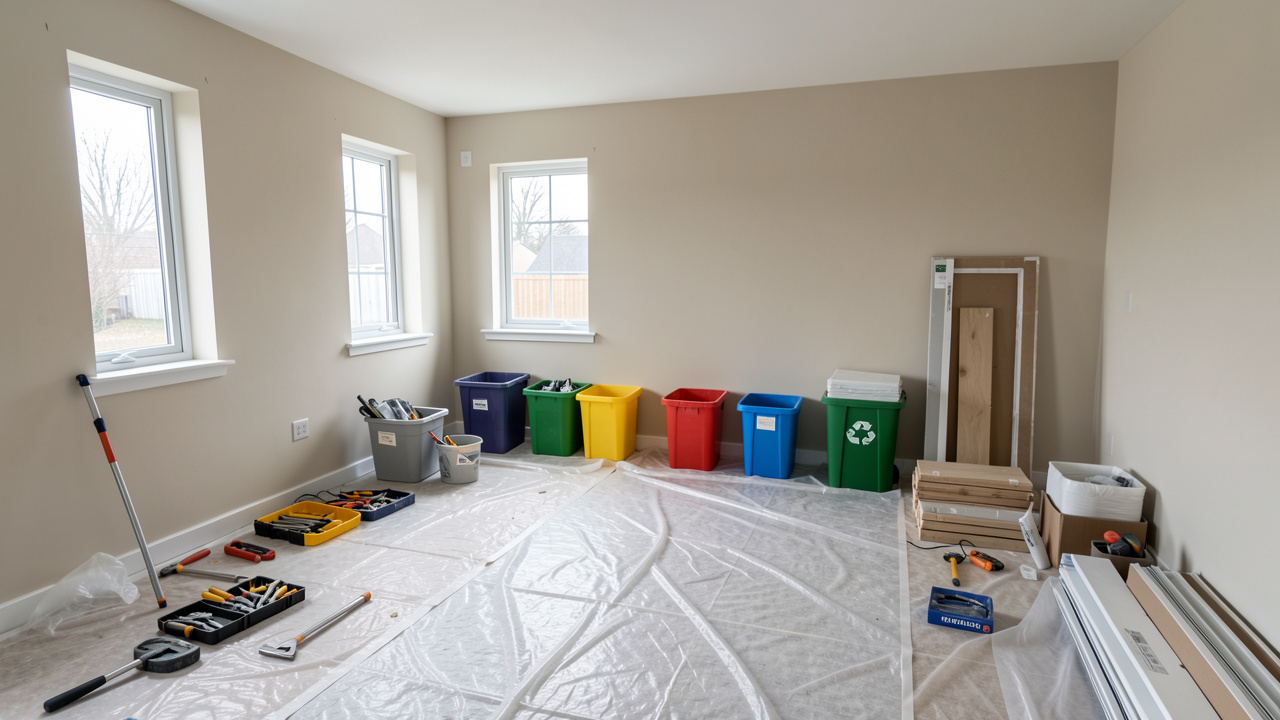 Chantier de rénovation intérieur propre avec outils rangés, bâches de protection au sol et bacs de tri séparés.