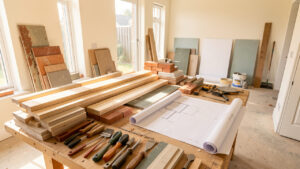 Chantier de rénovation lumineux avec matériaux triés, outils soigneusement rangés, plans vierges et éléments réemployés.
