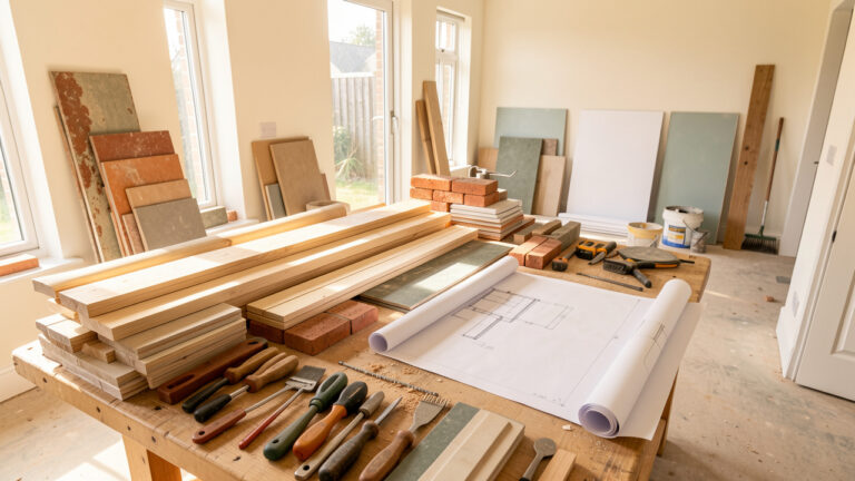 Chantier de rénovation lumineux avec matériaux triés, outils soigneusement rangés, plans vierges et éléments réemployés.
