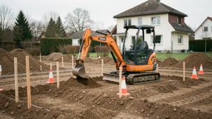 Chantier de terrassement résidentiel à Strasbourg avec une mini-pelle travaillant sur un sol balisé, une maison visible en arrière-plan et une lumière naturelle.