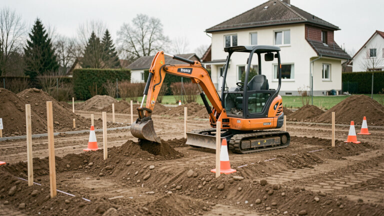 Chantier de terrassement résidentiel à Strasbourg avec une mini-pelle travaillant sur un sol balisé, une maison visible en arrière-plan et une lumière naturelle.