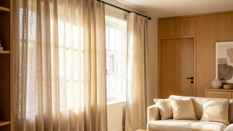 Fenêtre lumineuse entourée de rideaux en lin beige, avec une tringle noire discrète dans un intérieur chaleureux.