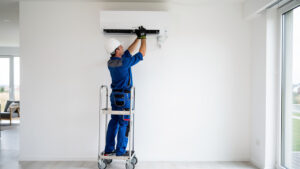Un installateur CVC portant un casque et des vêtements de travail pose une unité intérieure de climatisation murale depuis une plateforme individuelle roulante sécurisée dans une maison contemporaine.