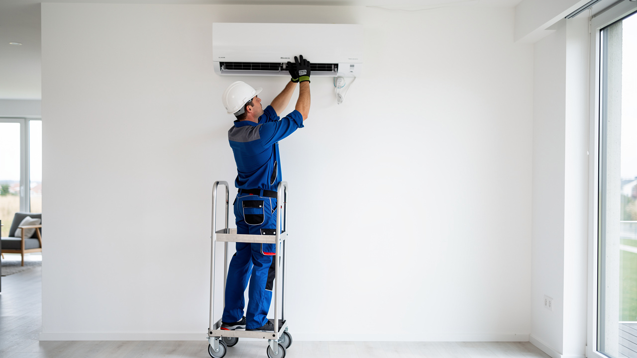 Un installateur CVC portant un casque et des vêtements de travail pose une unité intérieure de climatisation murale depuis une plateforme individuelle roulante sécurisée dans une maison contemporaine.