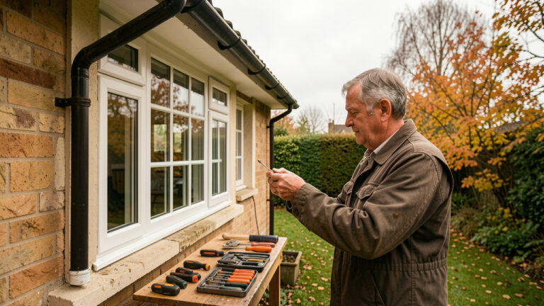 Un propriétaire inspecte les gouttières et les fenêtres d'une maison individuelle en automne, avec des outils de bricolage à proximité.