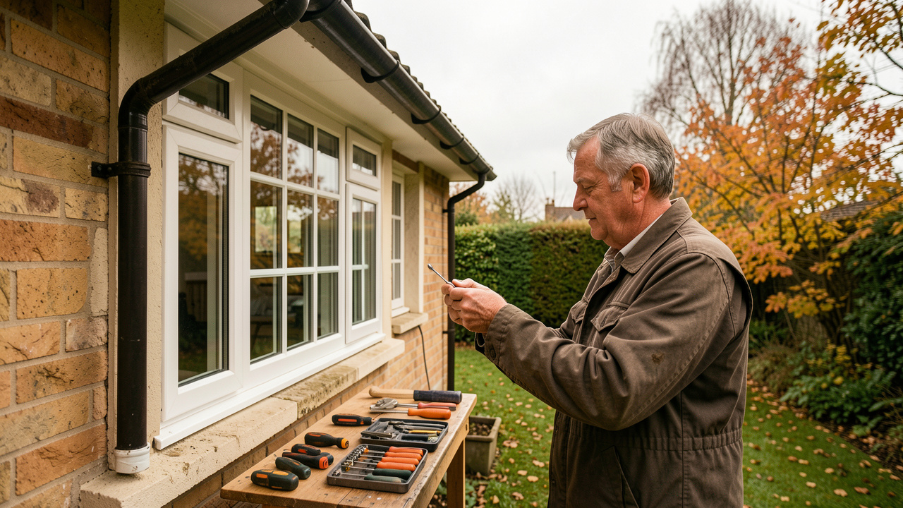 Un propriétaire inspecte les gouttières et les fenêtres d'une maison individuelle en automne, avec des outils de bricolage à proximité.