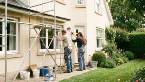 Maison en rénovation extérieure avec échafaudage discret, trois artisans au travail, façade soignée et jardin bien entretenu sous une lumière naturelle.