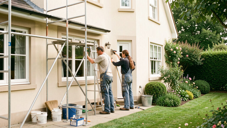 Maison en rénovation extérieure avec échafaudage discret, trois artisans au travail, façade soignée et jardin bien entretenu sous une lumière naturelle.