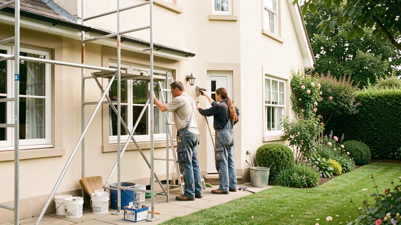 Maison en rénovation extérieure avec échafaudage discret, trois artisans au travail, façade soignée et jardin bien entretenu sous une lumière naturelle.