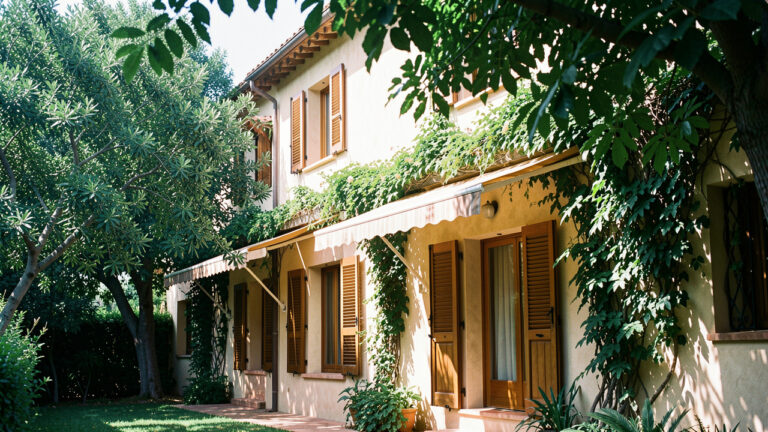 Maison rénovée en été avec volets fermés, stores extérieurs déployés et végétation abondante créant une atmosphère fraîche et ombragée.