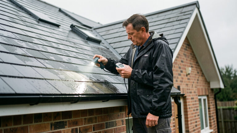 Un artisan inspecte la toiture et les façades d'une maison après la pluie, avec de discrètes traces d'humidité visibles sur les surfaces.