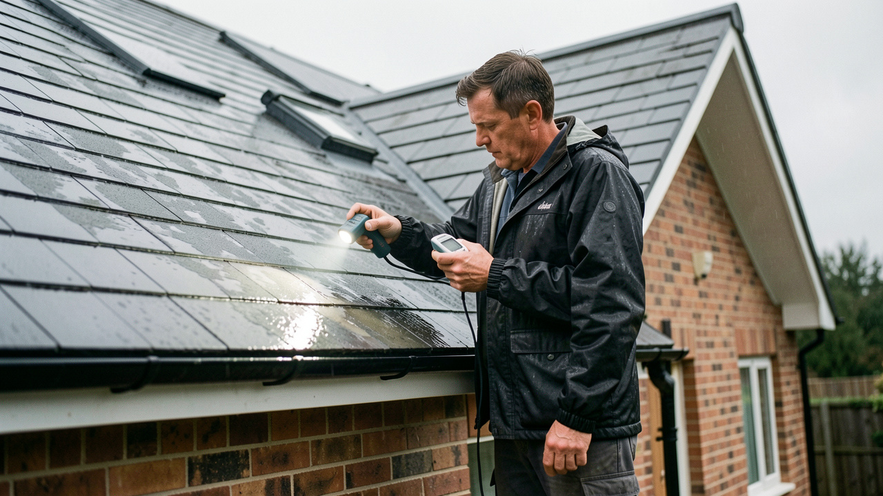 Un artisan inspecte la toiture et les façades d'une maison après la pluie, avec de discrètes traces d'humidité visibles sur les surfaces.