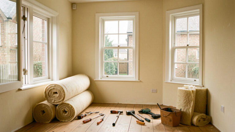 Pièce lumineuse d’une maison chaleureuse en légère rénovation, avec fenêtres, rouleaux d’isolation et outils soigneusement disposés au sol.