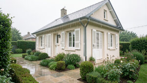 Maison individuelle sous une pluie légère, avec volets fermés, gouttières fonctionnelles et jardin propre dans une ambiance réaliste de travaux.