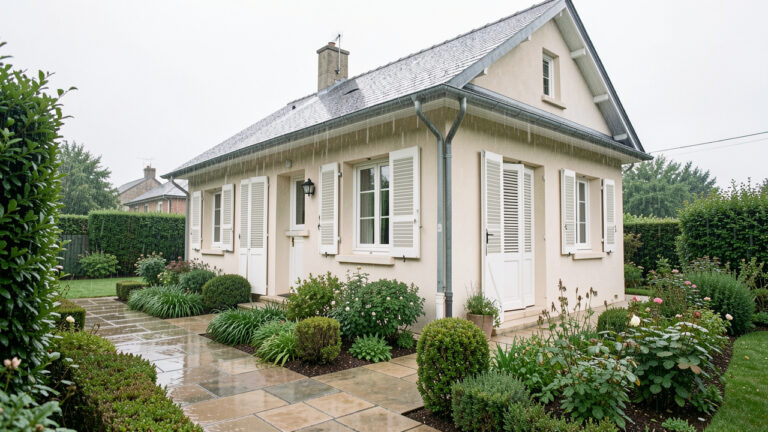 Maison individuelle sous une pluie légère, avec volets fermés, gouttières fonctionnelles et jardin propre dans une ambiance réaliste de travaux.