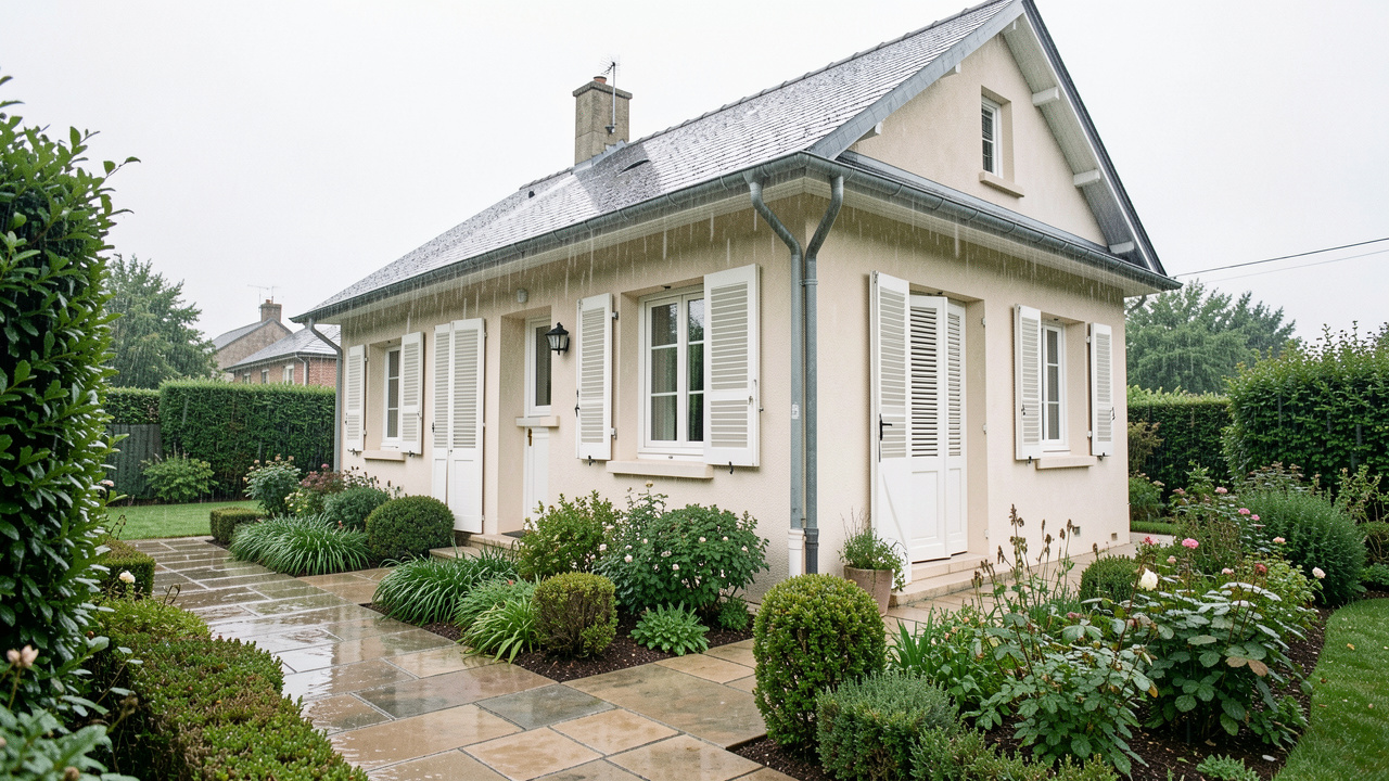 Maison individuelle sous une pluie légère, avec volets fermés, gouttières fonctionnelles et jardin propre dans une ambiance réaliste de travaux.