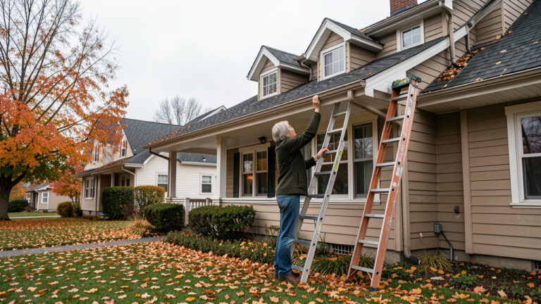 Une propriétaire inspecte les gouttières d’une maison montréalaise entourée de feuilles d’automne sous un ciel frais.