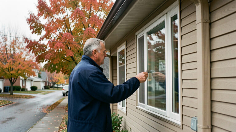 Un homme vérifie les fenêtres et les gouttières d’une maison montréalaise dans un quartier résidentiel aux couleurs de l’automne, sous une lumière froide et nuageuse.