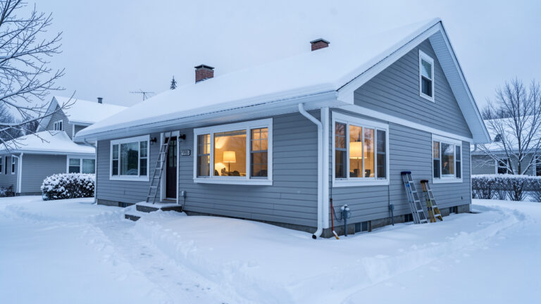 Maison montréalaise couverte de neige, avec une toiture propre, des gouttières dégagées et un extérieur bien entretenu en hiver.