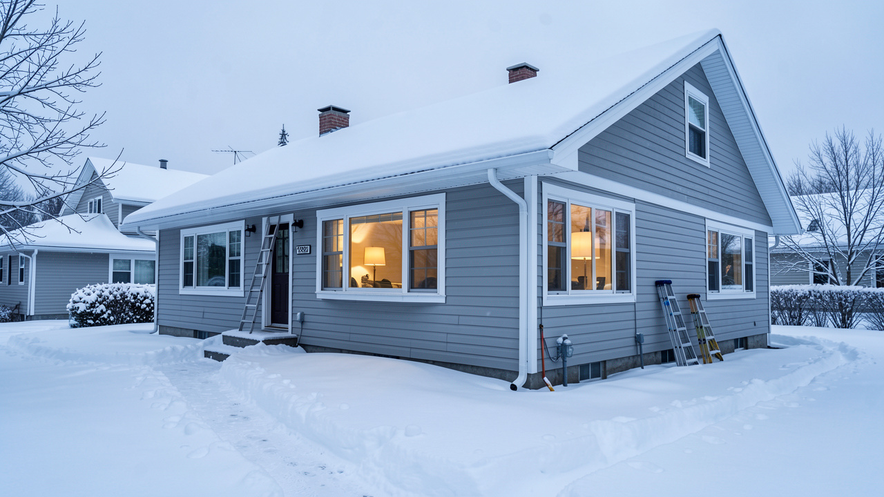Maison montréalaise couverte de neige, avec une toiture propre, des gouttières dégagées et un extérieur bien entretenu en hiver.