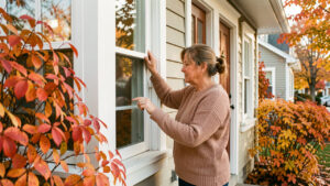 Une propriétaire vérifie les fenêtres et la porte d’une maison montréalaise entourée de feuilles d’automne colorées avant l’hiver.