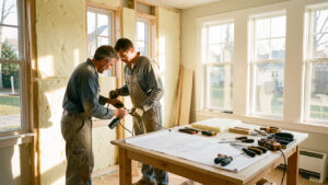 Maison québécoise lumineuse en rénovation, avec deux artisans, des outils, de l’isolant et des plans sans inscriptions visibles devant la façade.
