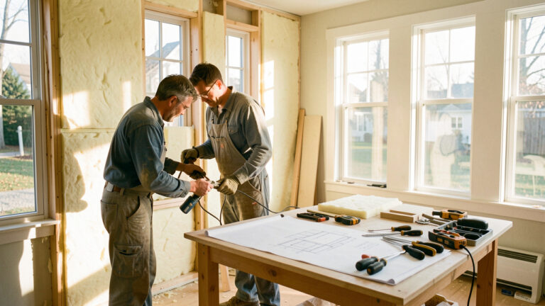 Maison québécoise lumineuse en rénovation, avec deux artisans, des outils, de l’isolant et des plans sans inscriptions visibles devant la façade.