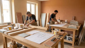 Intérieur de maison en rénovation avec deux artisans, outils, matériaux soigneusement rangés et plans vierges disposés sur une table.