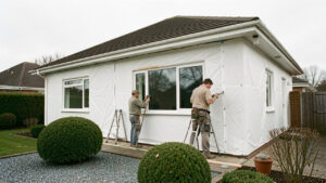 Maison individuelle en rénovation extérieure, avec façade protégée, deux artisans au travail et jardin sobre éclairé par la lumière naturelle.
