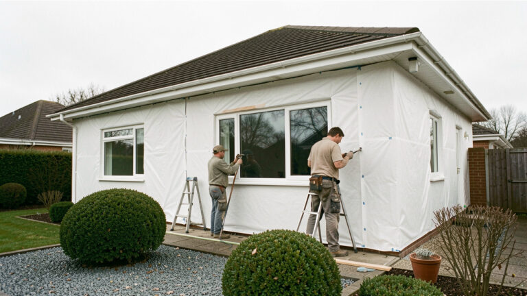 Maison individuelle en rénovation extérieure, avec façade protégée, deux artisans au travail et jardin sobre éclairé par la lumière naturelle.