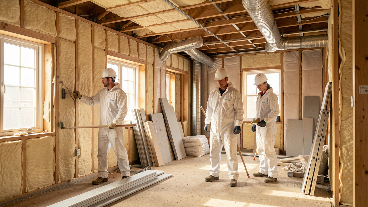Maison en rénovation avec isolation visible, conduits de ventilation et trois artisans préparant un chantier thermique baigné de lumière naturelle.