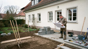 Maison strasbourgeoise avec jardin en préparation, plans de chantier et artisan observant les extérieurs.