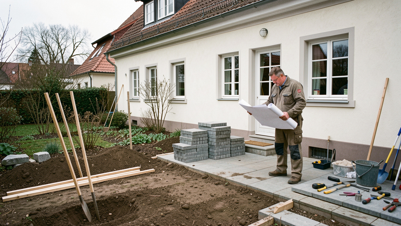 Maison strasbourgeoise avec jardin en préparation, plans de chantier et artisan observant les extérieurs.