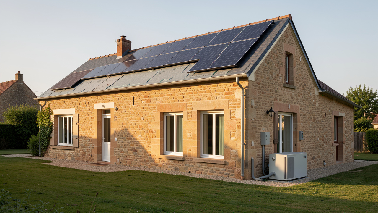 Maison traditionnelle en pierre de Gironde illustrant un plan cohérent de rénovation énergétique avec isolation, panneaux solaires, fenêtres performantes et pompe à chaleur.