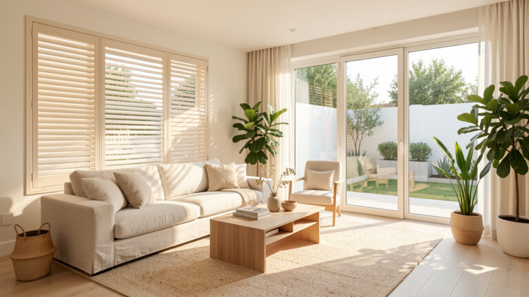 Salon lumineux d’une maison contemporaine protégé par des volets et des stores extérieurs, avec une ambiance fraîche et estivale.