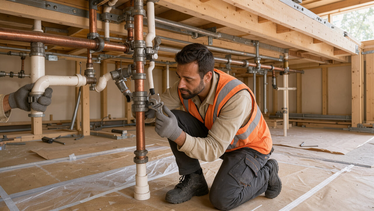 Un artisan contrôle des canalisations apparentes dans une maison en rénovation, avec le sol protégé et une lumière naturelle et lumineuse de chantier.