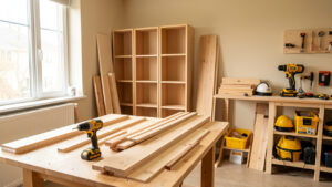 Atelier intérieur lumineux avec une perceuse-visseuse sans fil, des panneaux de bois, des étagères en cours de montage et des équipements de protection soigneusement rangés.