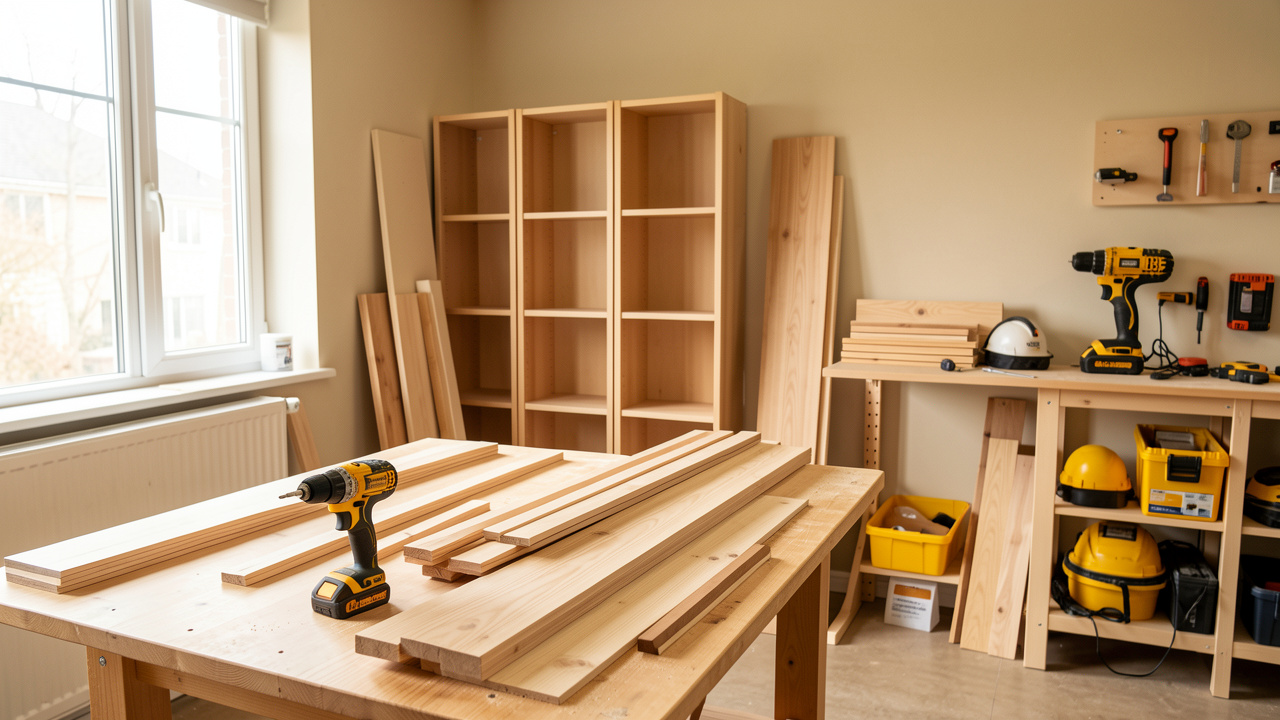 Atelier intérieur lumineux avec une perceuse-visseuse sans fil, des panneaux de bois, des étagères en cours de montage et des équipements de protection soigneusement rangés.