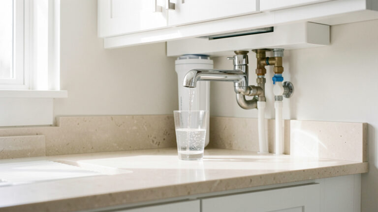 Cuisine moderne et lumineuse avec un robinet chromé versant de l’eau dans un verre, un filtre discret et du matériel de plomberie propre.