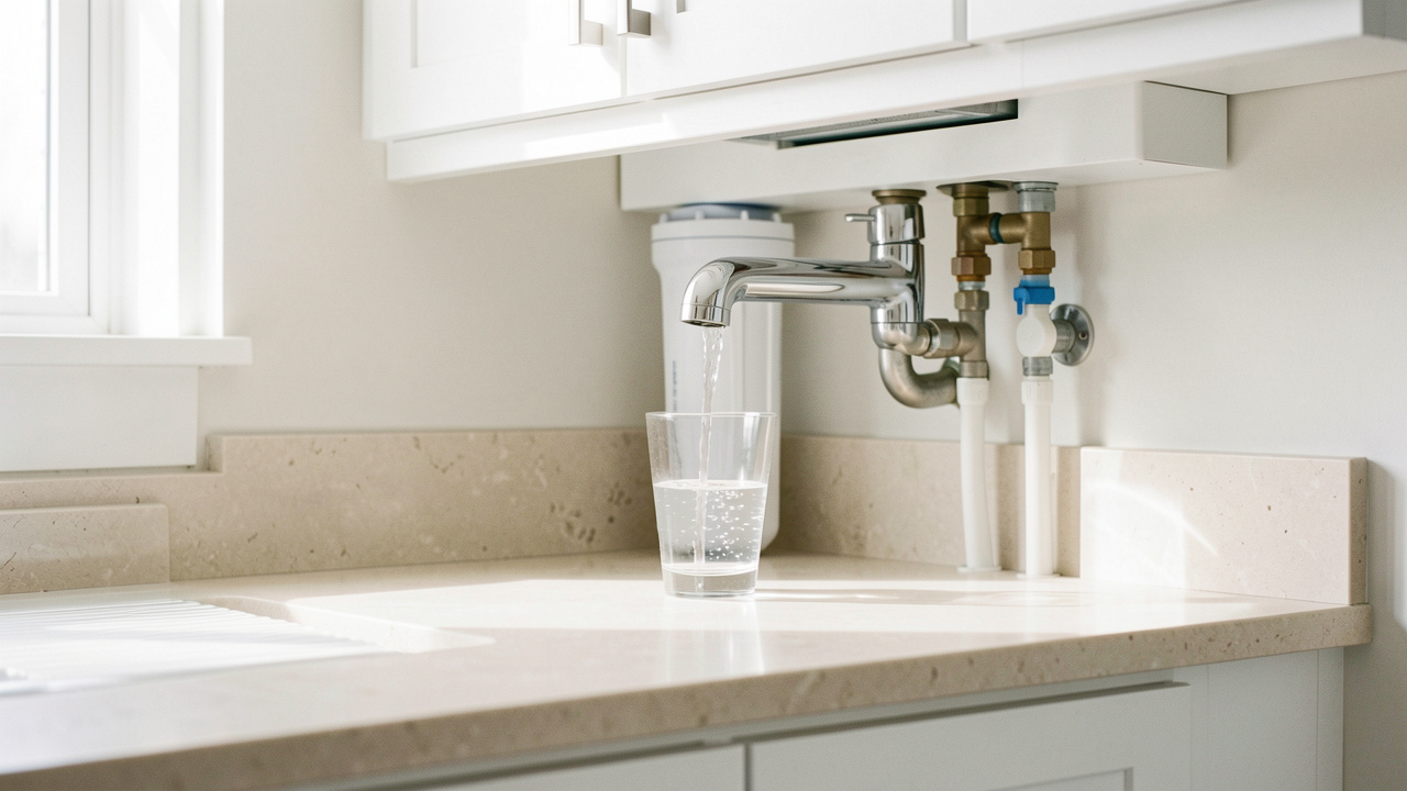 Cuisine moderne et lumineuse avec un robinet chromé versant de l’eau dans un verre, un filtre discret et du matériel de plomberie propre.