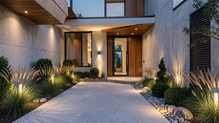 Entrée d’une maison moderne avec une allée extérieure parfaitement entretenue, des végétaux variés, des matériaux élégants et un éclairage discret.