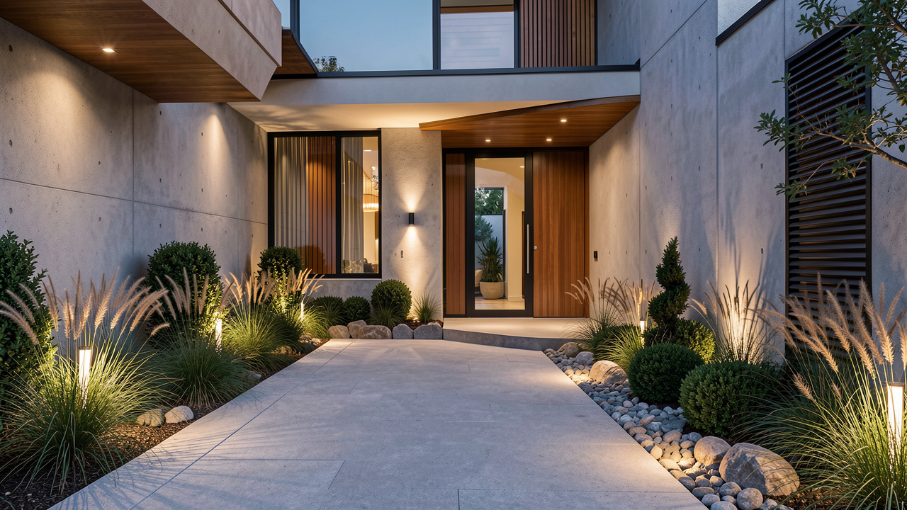 Entrée d’une maison moderne avec une allée extérieure parfaitement entretenue, des végétaux variés, des matériaux élégants et un éclairage discret.