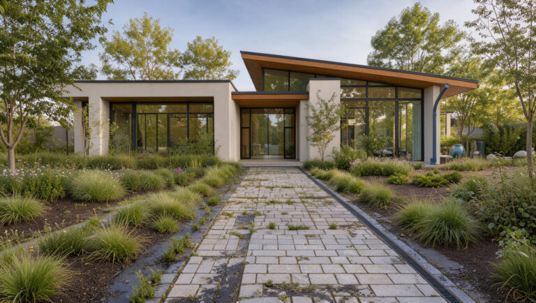 Maison contemporaine entourée d’un jardin paysager avec une noue végétalisée, un caniveau discret et un système de récupération d’eau de pluie.
