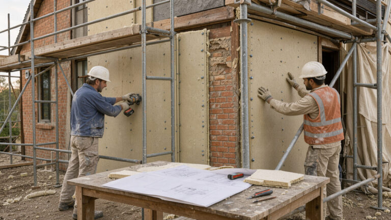 Maison en rénovation avec isolation extérieure, échafaudage, plans de chantier et deux artisans au travail.